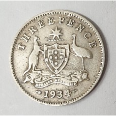 AUSTRALIA 1934/3 . THREEPENCE . OVERDATE . BETTER GRADES THAN MOST